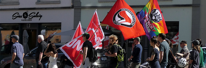 Am 1. Mai geht es nicht nur um Lohn und Arbeitsbedingungen: Demo 2025 mit Thurgauer Kolleg:innen in Konstanz. Foto: Pit Wuhrer
